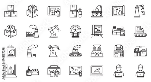 A grid of industrial icons representing manufacturing, automation, and logistics, including robots, factories, and boxes, isolated on transparent background