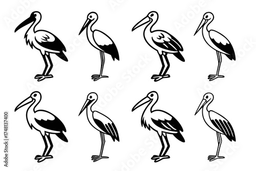 Yellow billed stork icon set minimalist design