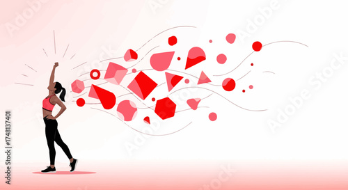 Empowered woman raising fist with abstract shapes symbolizing strength and success