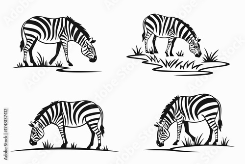Minimalist zebra grazing icon set with black yellow cyan magenta colors