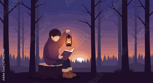 Enchanting evening read: A boy with lantern amidst towering trees and distant sunset glow