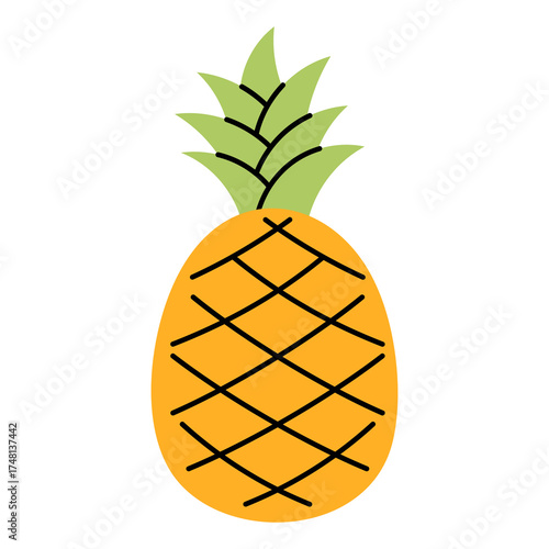 A Flat Doodle Style Illustration of a Ripe Yellow Pineapple with Green Leaves on a Transparent Background
