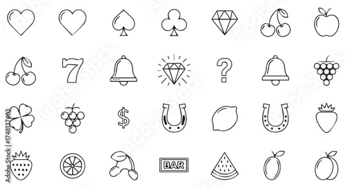 A collection of casino slot machine symbols including hearts, spades, clubs, diamonds, cherries, apples, lucky sevens, bells, grapes, and horseshoes isolated on transparent background