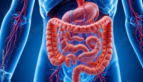 3D medical illustration showing the human digestive system, including stomach, intestines, and blood vessels, used for anatomy education and scientific visualization
