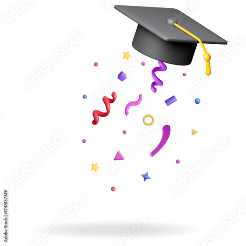 A Graduation Cap Tossed With Confetti In The Air Celebrating Academic Achievement Against A White Background With A Subtle Shadow Effect