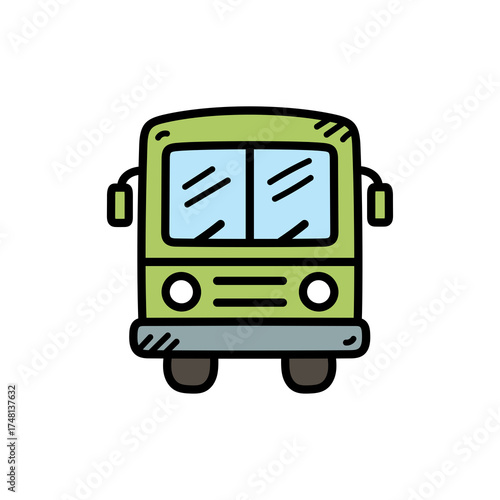 A Green Cartoon Bus Front View With A Transparent Background And Simple Doodle Style