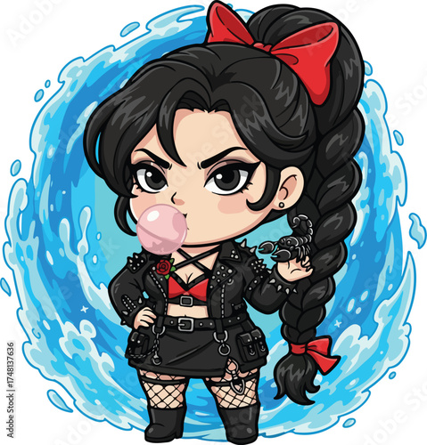 Scorpio Girl Character Zodiac Cartoon Vector  Illustration in Black Jacket and Short Pants With Boots and Stocking. Looks relaxed while chewing gum and holding a scorpion.