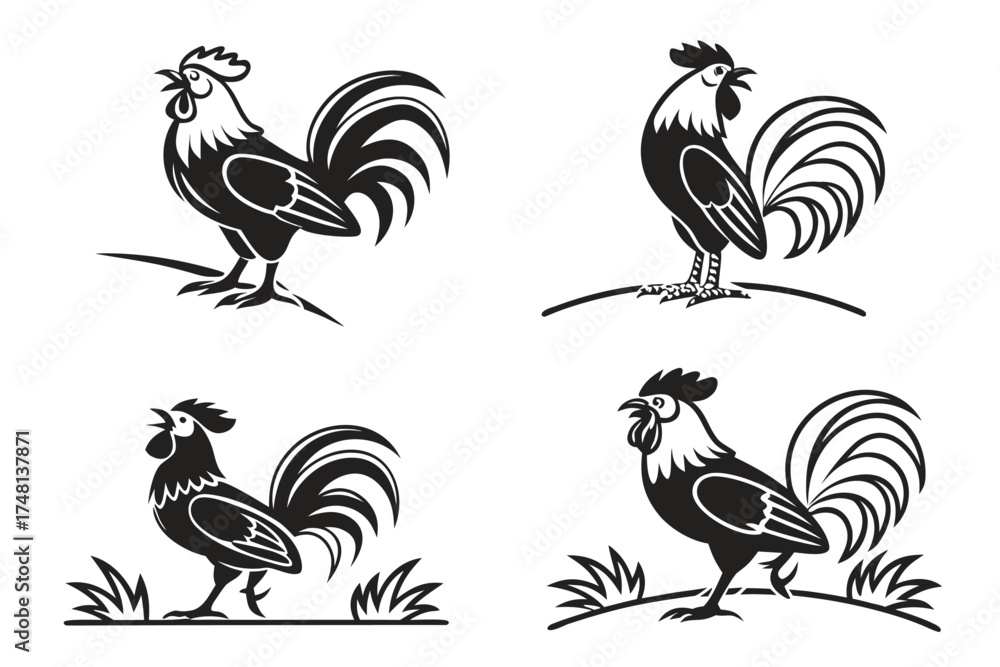 Naklejka premium Vintage rooster standing icon set minimalist design