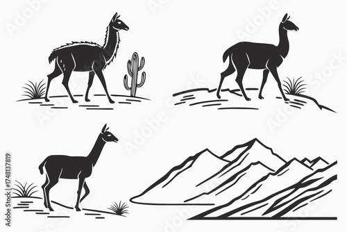 Minimalist vicuna and andes mountain icon set