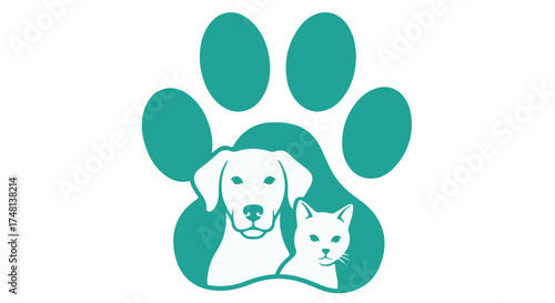 Teal silhouette of a dog and cat inside a paw print, isolated on transparent background
