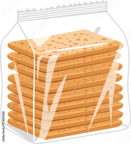 A stack of square crackers neatly packed in a transparent plastic wrap bag, ideal for illustrating snack foods, bakery products, modern packaging, or convenience foods