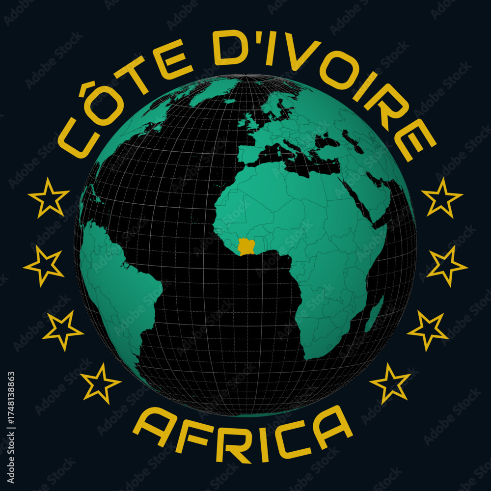 Obraz premium Cote d'Ivoire on Globe. Round country and continent name text. Country view on world map in Black Emerald color palette. Cote d'Ivoire shape on map. Neat vector illustration.