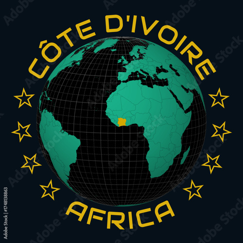 Cote d'Ivoire on Globe. Round country and continent name text. Country view on world map in Black Emerald color palette. Cote d'Ivoire shape on map. Neat vector illustration.