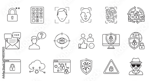 Collection of cybersecurity and data protection icons, including locks, face recognition, and network security, isolated on transparent background