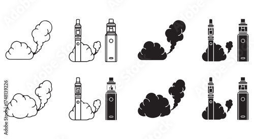 Vape pen and smoke icons in black and white, isolated on transparent background