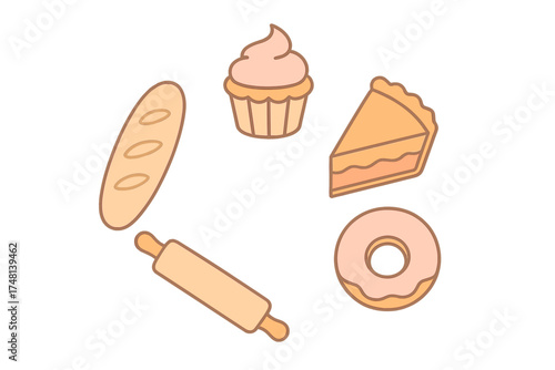 Assortment of baked goods and kitchen tools including baguette cupcake pie donut and rolling pin
