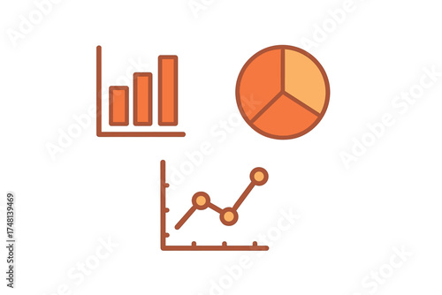 Set of three essential business data charts: bar graph, pie chart, and line graph icons