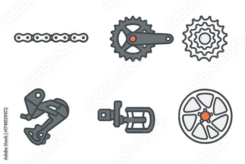 Set of essential bicycle parts icons including chain, crankset, and derailleur