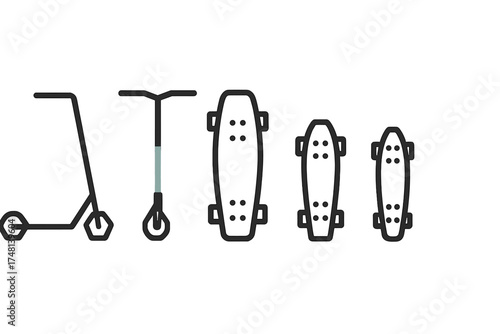 Minimalist line art set of scooters and skateboards for urban mobility and youth culture