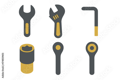 Collection of essential mechanical hand tools including wrenches, socket, and ratchet components