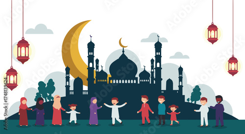 Joyful community celebration illustration featuring diverse people near a mosque silhouette under a crescent moon with festive lanterns, symbolizing unity and togetherness for an Islamic holiday