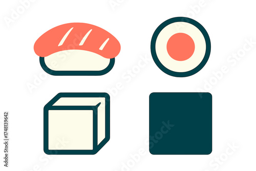 Stylized graphic icons representing traditional Japanese cuisine sushi and rolls