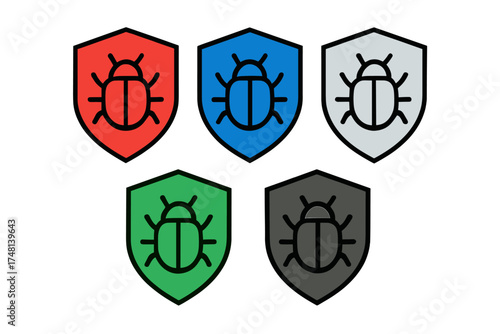 Colorful shields with stylized insect icons for digital security and malware defense