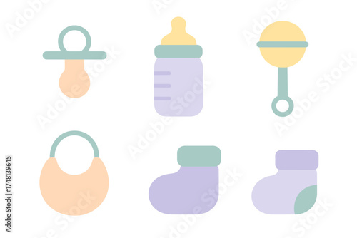 Essential baby care items collection including pacifier bottle rattle bib and booties in pastel colors