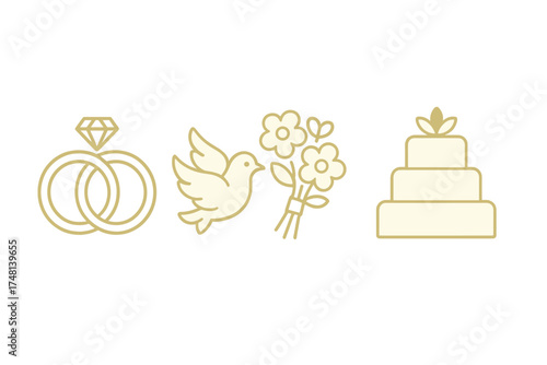 Golden outline icons set for wedding celebration featuring engagement rings, flying dove, floral bouquet, and tiered cake