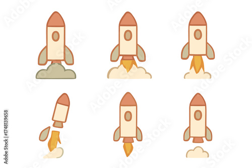 Cartoon rocket ship launch sequence icons showing takeoff and flight stages