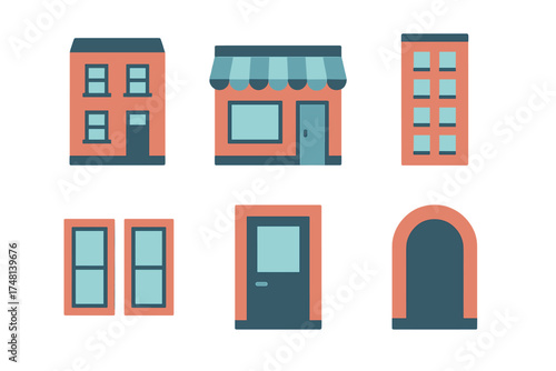 Stylized urban architectural elements set including buildings, shop facade, doors, and windows