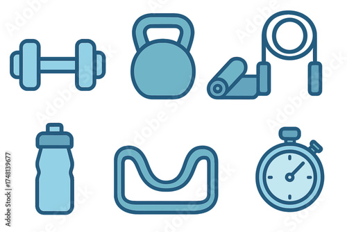 Fitness and gym equipment including dumbbell kettlebell jump rope water bottle and stopwatch
