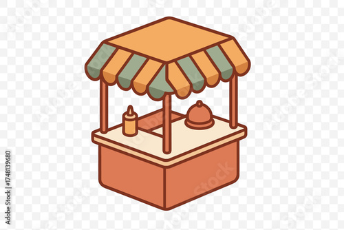 Isometric street food kiosk with striped awning, counter, sauce bottle, and serving dome