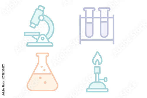 Set of essential science laboratory equipment icons including microscope and chemistry glassware