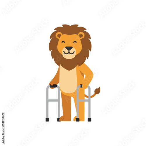 Friendly Cartoon Lion Standing With Crutches, Playful Mascot Demonstrating Support And Confidence