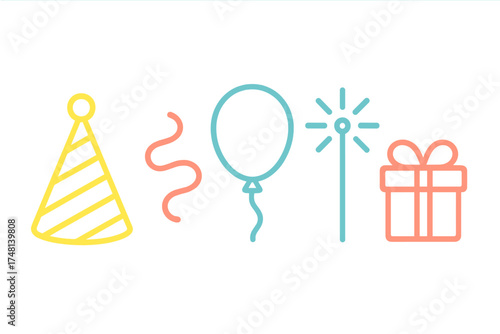 Simple outline icons set for festive celebrations featuring a hat, balloon, sparkler, and gift