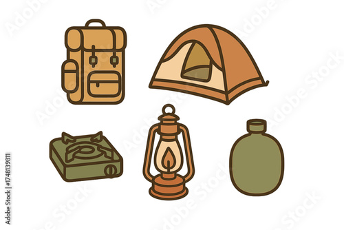 Camping and hiking equipment set with backpack, tent, stove, lantern, and canteen icons