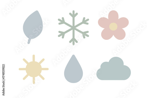 Minimalist nature and weather icons featuring sun cloud rain leaf snowflake flower