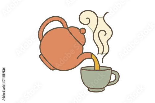 Stylized terracotta teapot pouring hot tea into a sage green cup with steam rising
