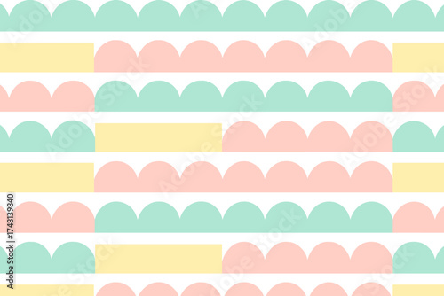 Seamless geometric pattern with pastel colored scalloped rows and rectangular blocks