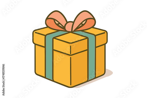 Brightly colored square gift box tied with a large decorative pink bow and green ribbon