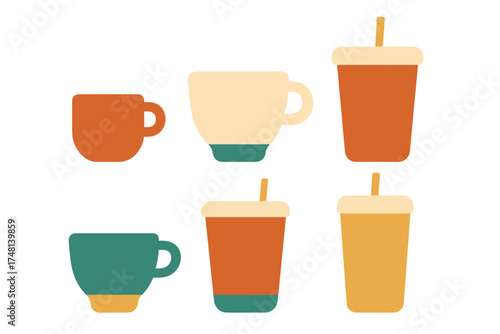 Colorful collection of coffee mugs and disposable beverage cups with straws