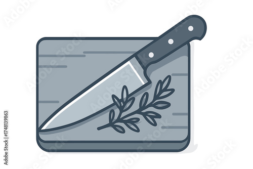 Chef knife and herb sprig on wooden cutting board for food preparation