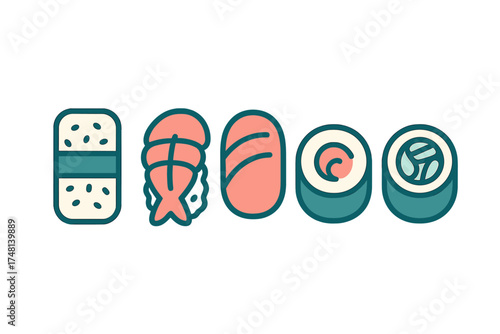Assortment of popular Japanese sushi dishes featuring nigiri, salmon, shrimp, and maki rolls