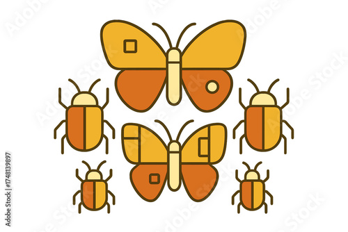 Stylized repeating pattern of various flying and crawling insects including butterflies and beetles