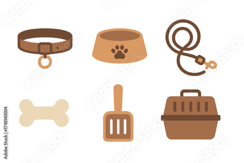 Essential pet care accessories collection including collar, leash, bowl, bone, scoop, and carrier
