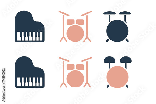 Minimalist seamless pattern of musical instruments grand pianos and drum kits in two colors