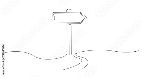 A simple line drawing of a signpost with an arrow pointing right, on a path, isolated on transparent background