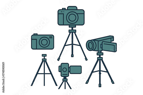 Various photography and video cameras and camcorders mounted on professional tripods and stands