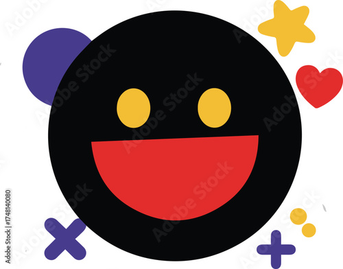 A cheerful black smiley face icon surrounded by colorful abstract shapes like stars and hearts, expressing joy and positivity